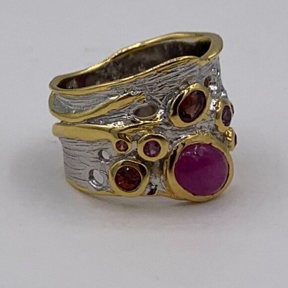 Ring, NWOT, solid 925 sterling silver, 22 K gold, orange sapphires and rubies, - Picture 4 of 15